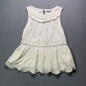 Meadow Rue Lace Trim‎ Embroidered Peplum Top White Smocked Sz S, boho feminine